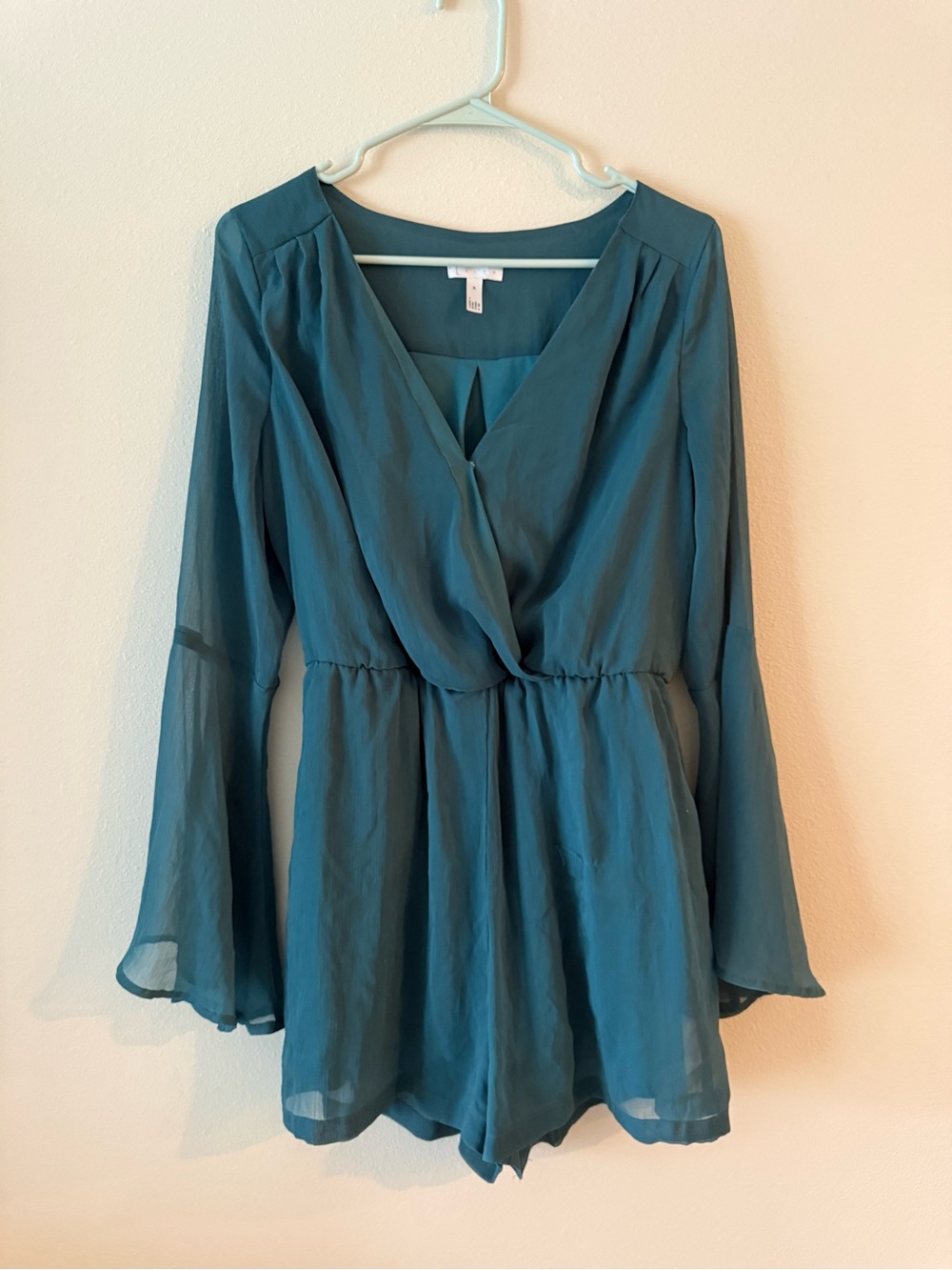 Leith Teal Faux-Wrap Long-Sleeve Romper